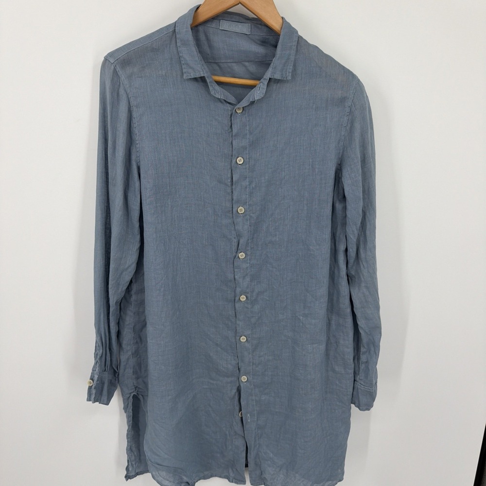 CP Shades Long Sleeve 100% Linen Midi Shirt Dress Sz M Dusty Blue Coastal Chic